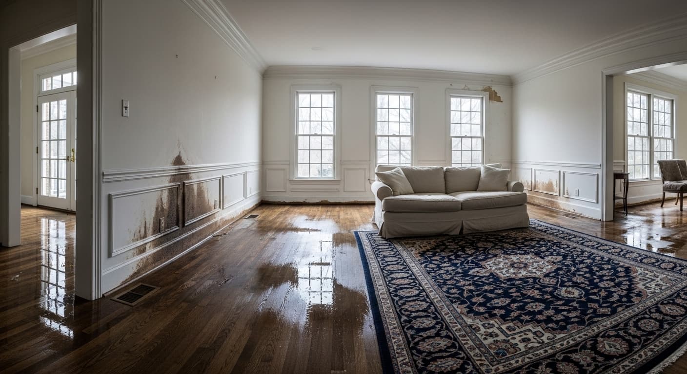 Before: Water-damaged room before and after Salem Steamer restoration